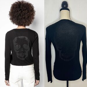 Zadig & Voltaire Strass Black Long Sleeve V-Neck with Skull Detail